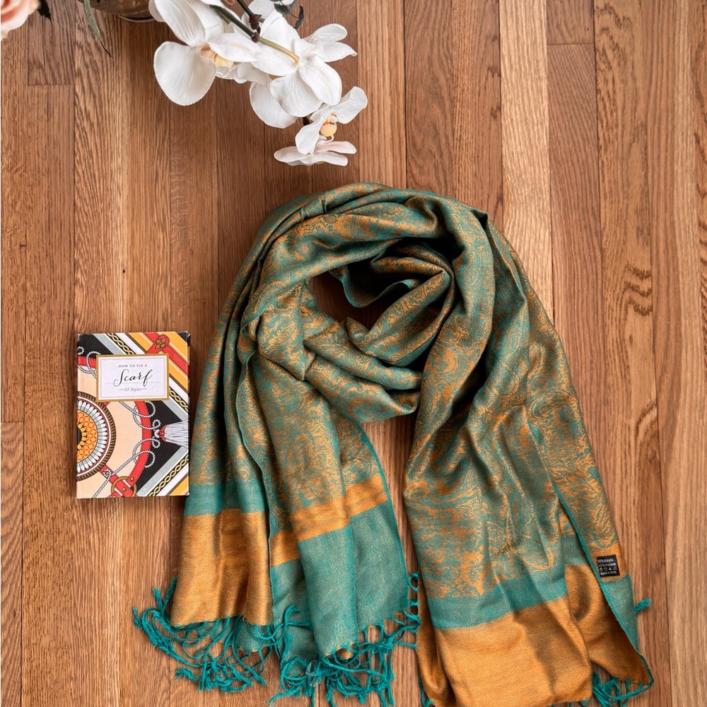 Green and Gold Patterned Scarf with How To Tie Scarf book!